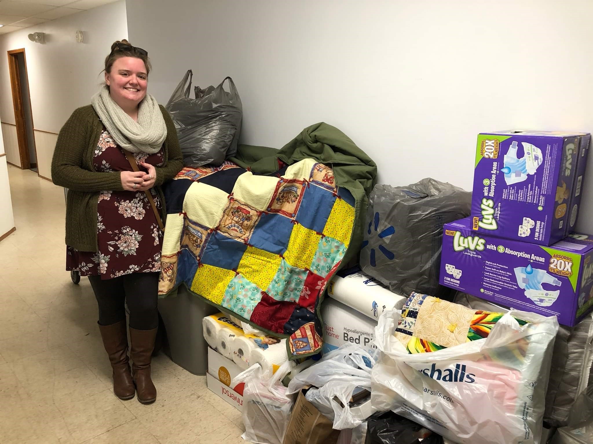 Danielle Hudson with donations.