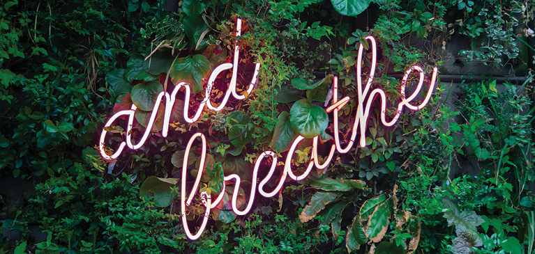 Red neon cursive sign displaying the words “and breath” laying in a wall of greenery and leaves.