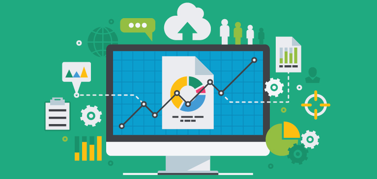 Animated computer with a chart in center of the screen and icons surrounding the exterior of the screen including: people, clouds, globe, word bubble, chart, clipboard, graph, gear turning, pie chart, spreadsheet, profile, target on green background. 