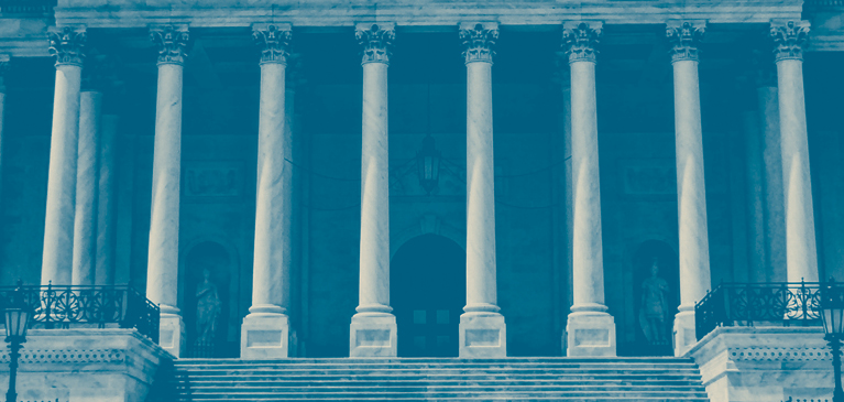 Judicial building, close up view of the United States capital steps and the pillars on the stairs.