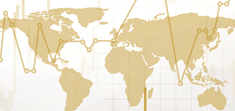 Gold grid format of world map with trend line running across the continents. 