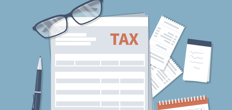 Illustration of desk with pen, tax forms, reading glasses, receipts, small spiral notepad and small calendar.