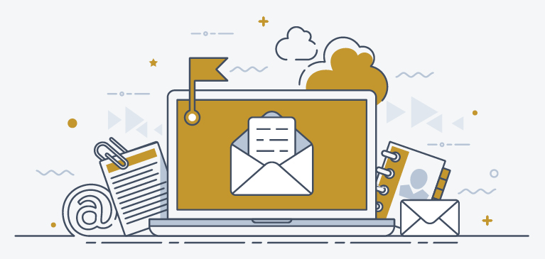 Illustrated picture of a gold computer screen displaying an opened email surrounded by different contact symbols like the @ sign, envelope, calendar, attachment and clouds.