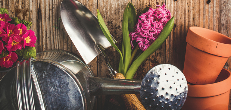 Watering can, flower, shovel, pots, and dirt on a wooden bench.