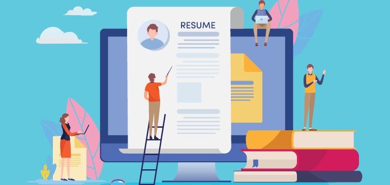 Graphic with a man looking over a resume. 