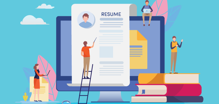 Graphic with a man looking over a resume.
