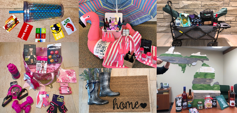 Employees created baskets for a raffle fundraiser at GreemStone with gift cards, pink work out equipment, homeade gifts, floor mats, beach umbrella and pink large flamingo filled with alcoholic drinks for the lake, wooden michigan sign and wagon with camping gear