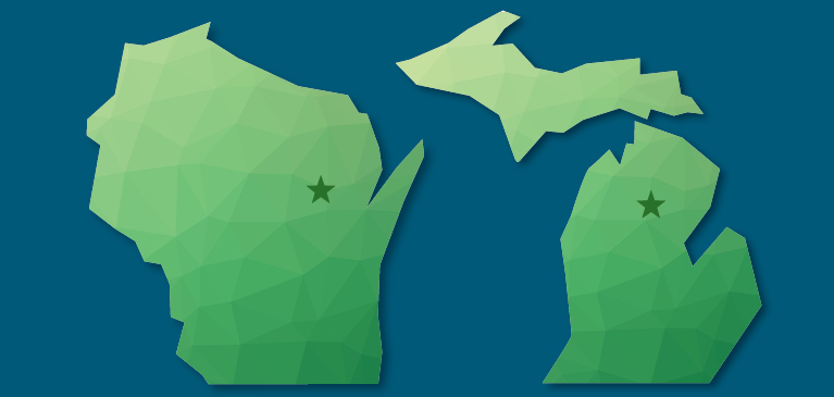 Wisconsin and Michigan state outlines in green with stars to mark where the CSR employees are located
