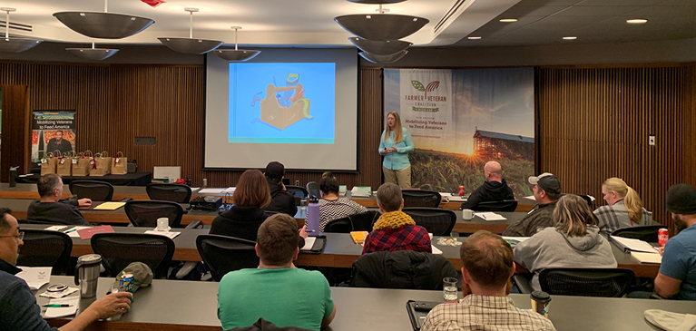 Jennifer Whitford presenting at the Farmer Veteran Coalition of Michigan Business Workshop Jan 19 at