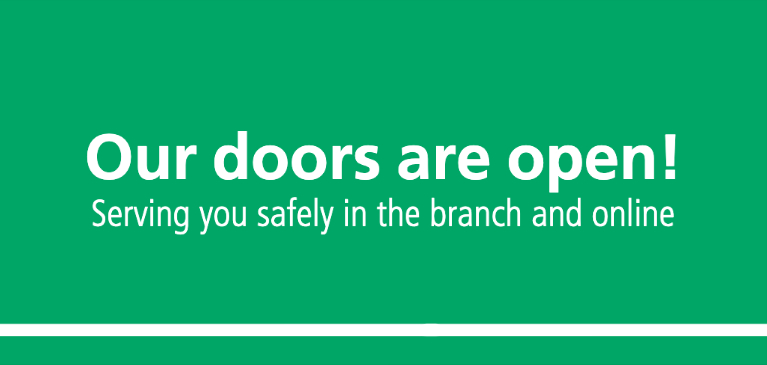 Green Box with Text Our Doors are Open