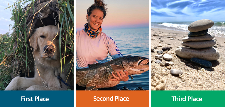 Collage of the 2019 July photo contest winners from left to right. Golden retriever dog hiding in bushes while duck hunting, girl holding large trout while fishing on Bear Lake, and skipping stones stacked on a sandy shore along  the shorelines in Arcadia, Michigan.