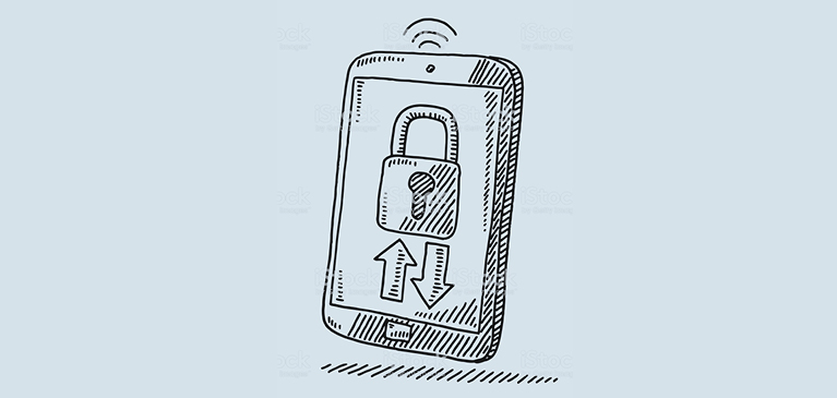 Black and white sketch of smartphone with a lock on screen.