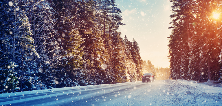 Car driving down snowy road with pine trees lining both sides of the road, with the sun peering through the trees. 