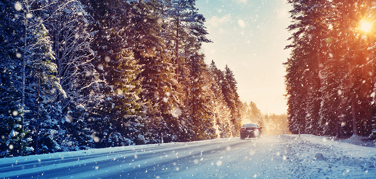 Car driving down snowy road with pine trees lining both sides of the road, with the sun peering through the trees.