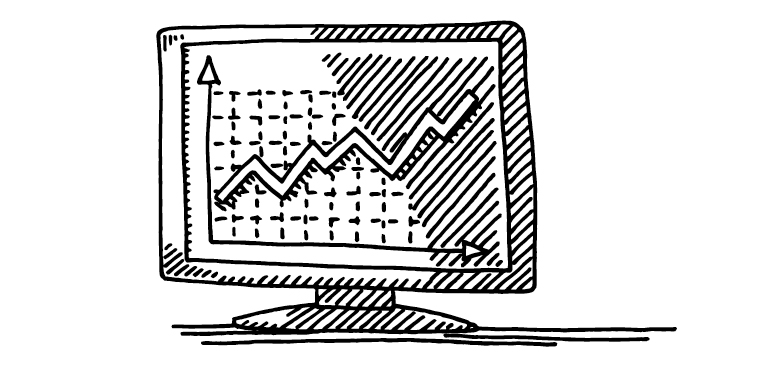 Black and white sketch of computer screendisplaying a chart with an upward trend. 