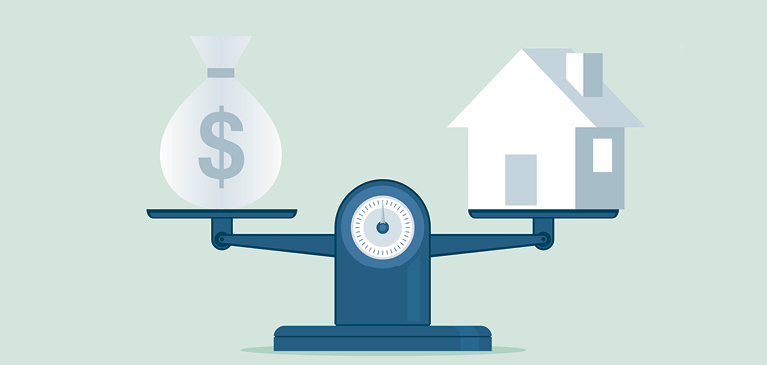 weighted scale balanced with a bag of money on one side and a house on the other side