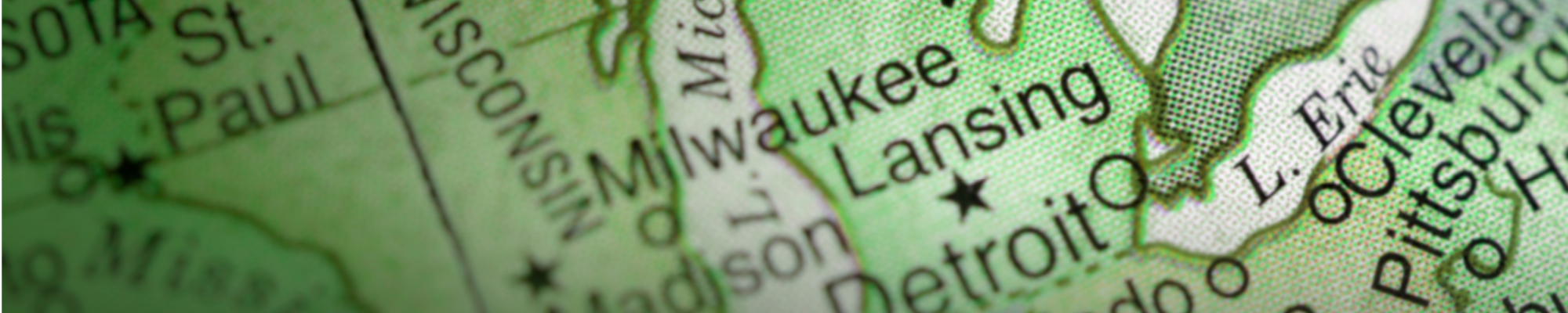 Close up of a map focusing on Michigan and Wisconsin
