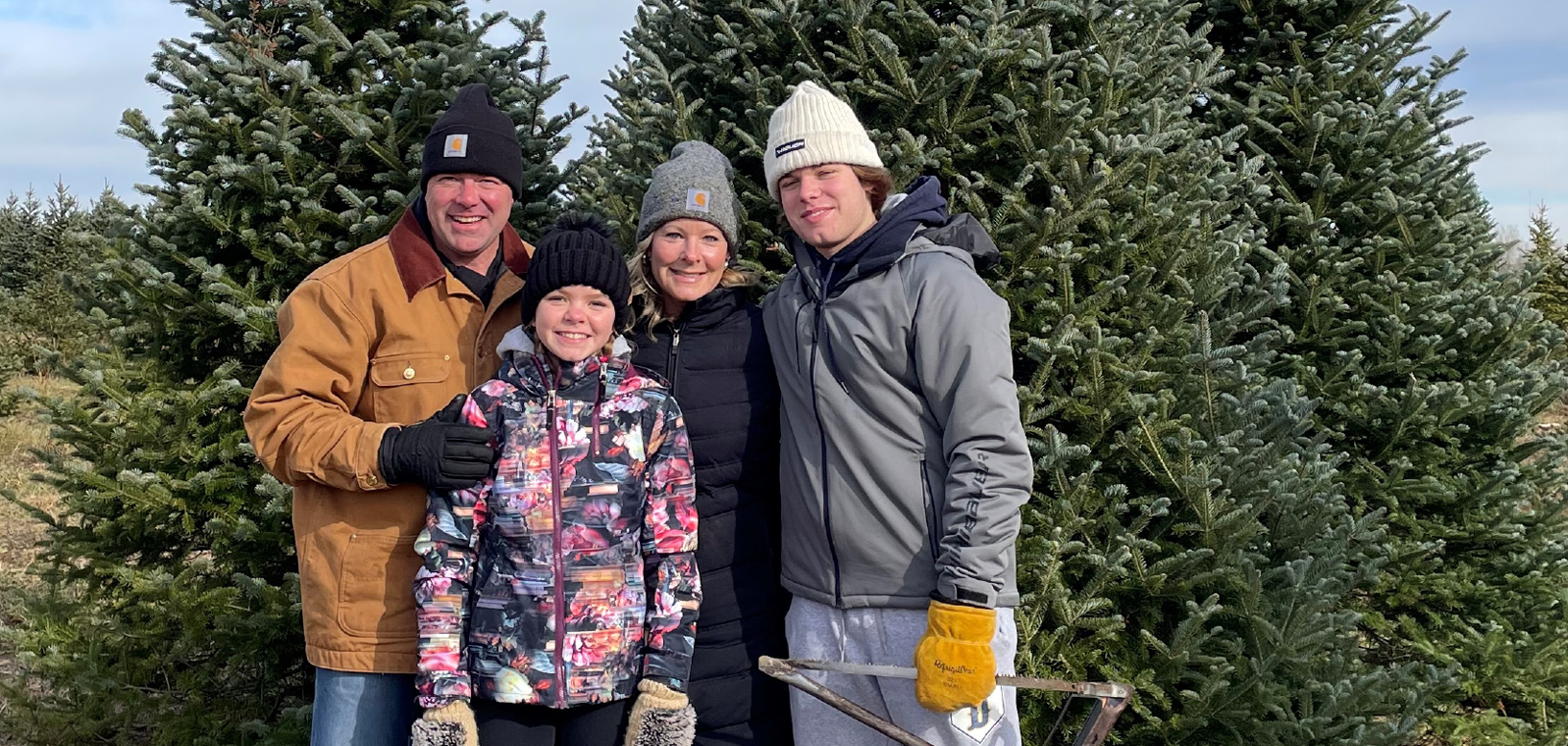 Family of four cutting their Christmas tree