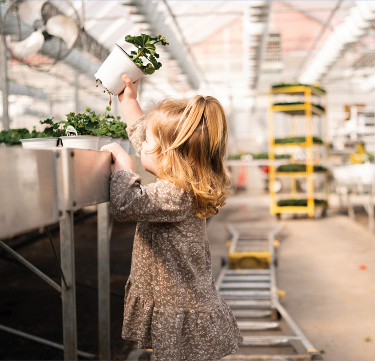Young girl in a greenhouse lifting a plant