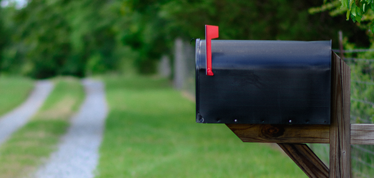 Black mailbox along a grassy path