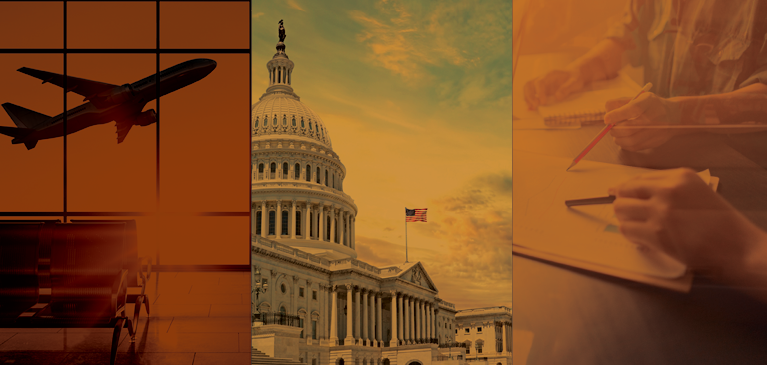 Collage of airport, US Capitol, Students doing work