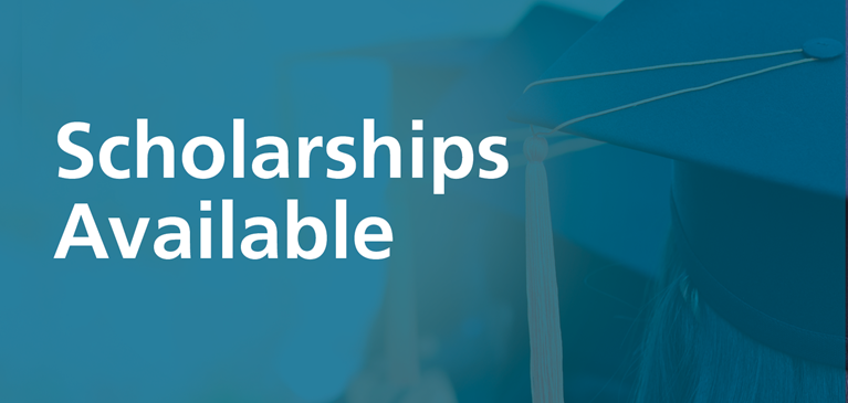 Scholarships Available text with cap and gown background
