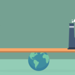 a plant and a factory being balanced on the world