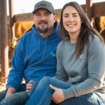 Man and Woman sitting together in front of cattle.